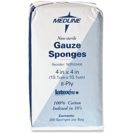 Medline Gauze Sponges, Nonsterile, 4"x4", 8-Ply, 200/BX, White, PK200 MIINON25408